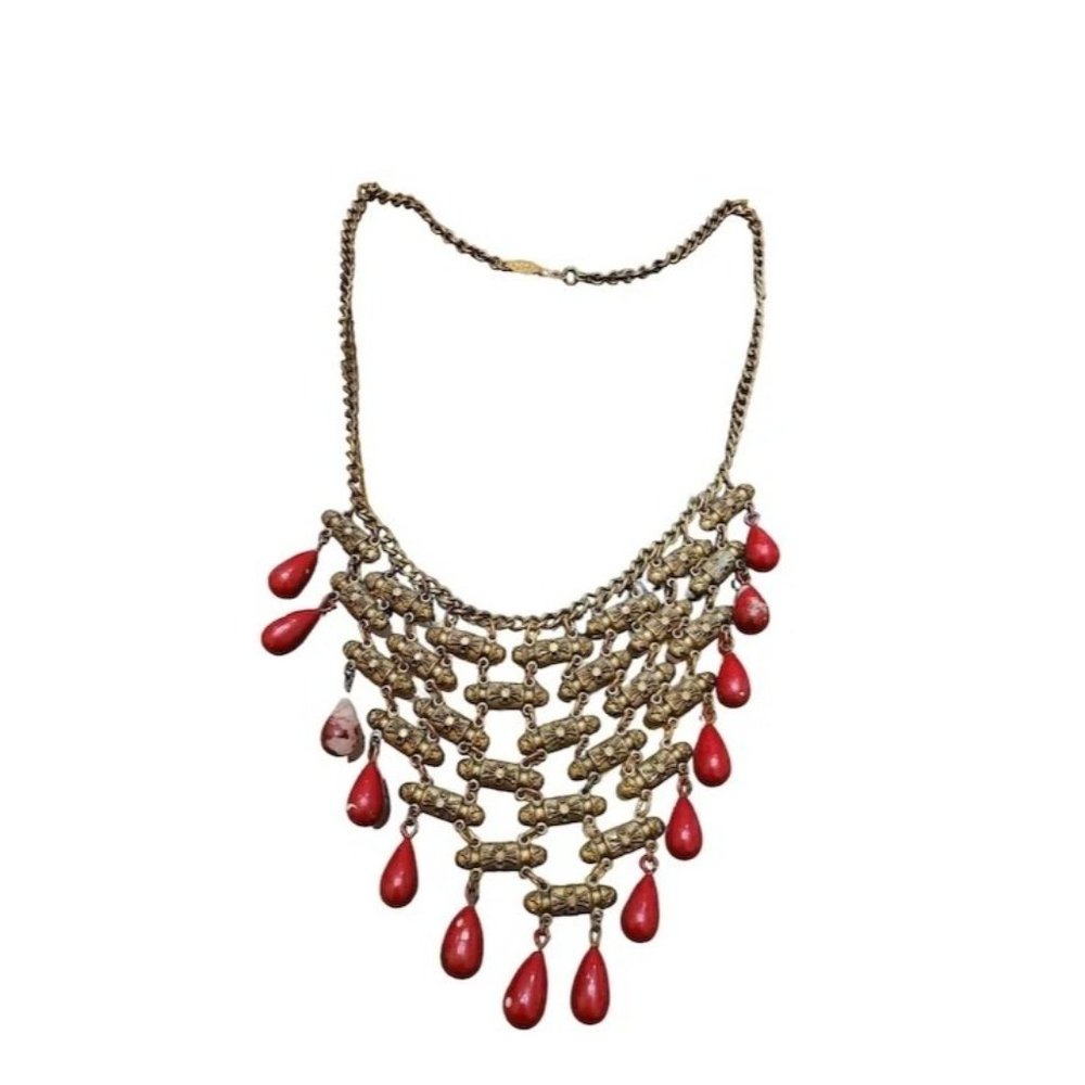 Early Brass & Glass Dangling Bib Necklace (A1853)